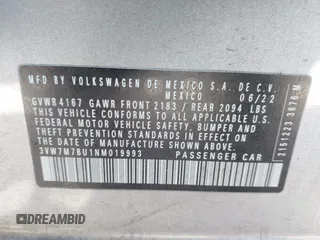 2022 Volkswagen Jetta SE with VIN 3VW7M7BU1NM019993, listed as a IAAI auction lot 42087376 with 74,596 mi miles and . Bid and sale history available at DreamBid. Image 9.