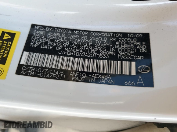 2010 Lexus HS with VIN JTHBB1BA2A2010533, listed as a Copart auction lot 79309494 with 313,803 mi miles and Clean Title. Bid and sale history available at carsss.com. Image 12.