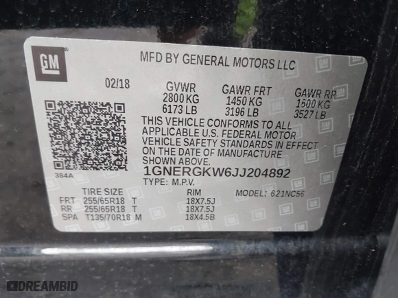 2018 Chevrolet Traverse LT Cloth with VIN 1GNERGKW6JJ204892, listed as a IAAI auction lot 41821372 with 308,738 mi miles. Bid and sale history available at carsss.com. Image 9.
