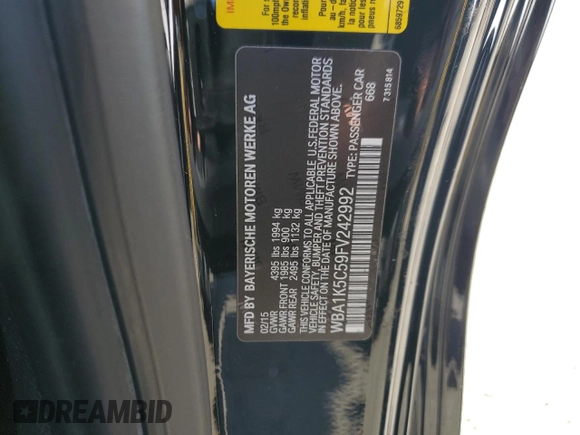 2015 BMW 2 Series 228i with VIN WBA1K5C59FV242992, listed as a Copart auction lot 75433654 with Not provided miles and Salvage title. Bid and sale history available at DreamBid. Image 15.