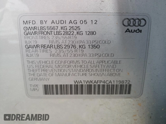 2012 Audi Q5 Prestige with VIN WA1WKAFP4CA119872, listed as a Copart auction lot 50249425 with 130,400 mi miles and Salvage title. Bid and sale history available at DreamBid. Image 13.