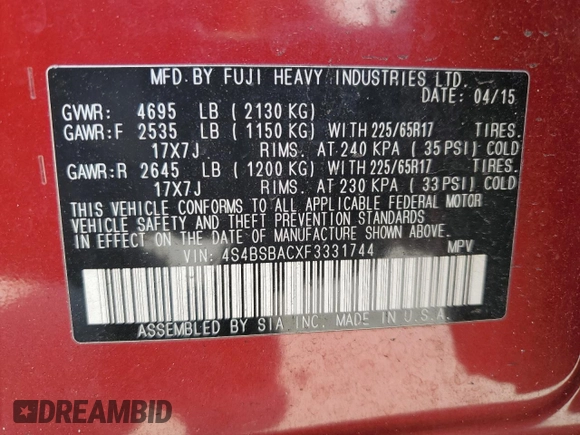 2015 Subaru Outback 2.5i with VIN 4S4BSBACXF3331744, listed as a Copart auction lot 57670455 with 118,022 mi miles and Salvage title. Bid and sale history available at DreamBid. Image 14.