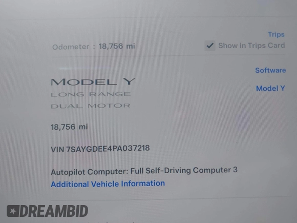 2023 Tesla Model Y Long Range with VIN 7SAYGDEE4PA037218, listed as a IAAI auction lot 42232704 with 18,756 mi miles and . Bid and sale history available at DreamBid. Image 16.