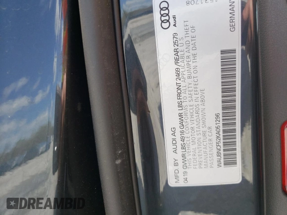 2019 Audi A5 Sportback Premium Plus with VIN WAUBNCF52KA051296, listed as a Copart auction lot 40186242 with 0 mi miles. Bid and sale history available at carsss.com. Image 10.