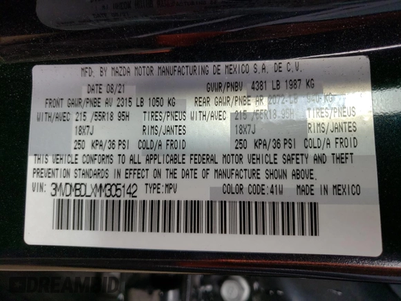 2021 Mazda CX-30 Premium with VIN 3MVDMBDLXMM305142, listed as a Copart auction lot 68692393 with 37,922 mi miles and Non repairable. Bid and sale history available at DreamBid. Image 13.