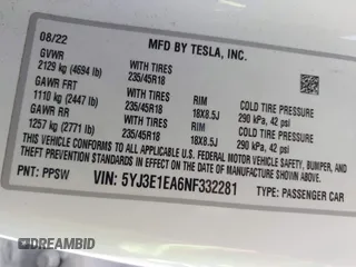 2022 Tesla Model 3 z VIN 5YJ3E1EA6NF332281, wystawiony jako IAAI lot #42198946 z przebiegiem 54 220 mil mil oraz . Historia ofert i sprzedaży dostępna na DreamBid. Obrazek 9.
