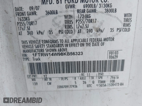 2008 Ford F-150 XL with VIN 1FTRW14W98KB56323, listed as a IAAI auction lot 42258354 with Not provided miles and . Bid and sale history available at DreamBid. Image 9.