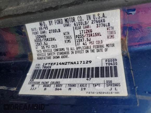 1996 Ford F-150 with VIN 1FTEF14N2TNA17129, listed as a Copart auction lot 52091965 with 243,778 mi miles and Salvage Title. Bid and sale history available at DreamBid. Image 12.