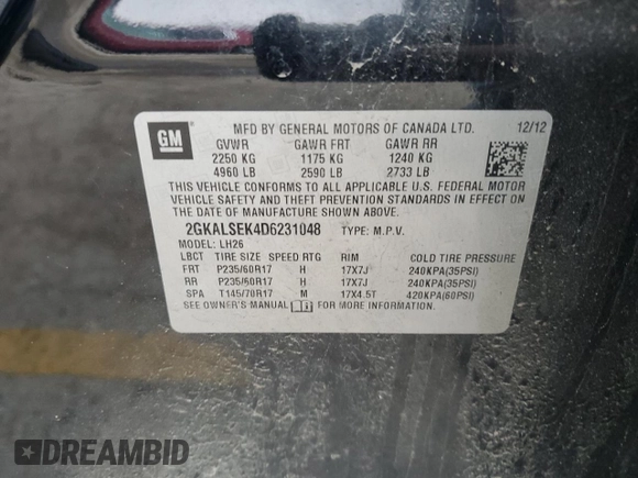 2013 GMC Terrain SLE with VIN 2GKALSEK4D6231048, listed as a Copart auction lot 53974525 with 104,014 mi miles and Salvage Title. Bid and sale history available at DreamBid. Image 12.