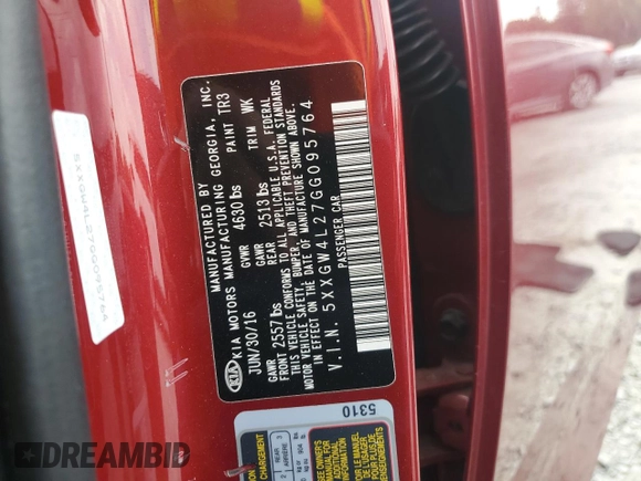 2016 Kia Optima SX Turbo with VIN 5XXGW4L27GG095764, listed as a Copart auction lot 54824235 with 87,231 mi miles and Salvage title. Bid and sale history available at DreamBid. Image 13.
