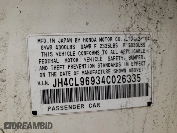 2004 Acura TSX w/Navigation with VIN JH4CL96934C026335, listed as a Copart auction lot 53743664 with 187,550 mi miles and Clean title. Bid and sale history available at DreamBid. Image 12.