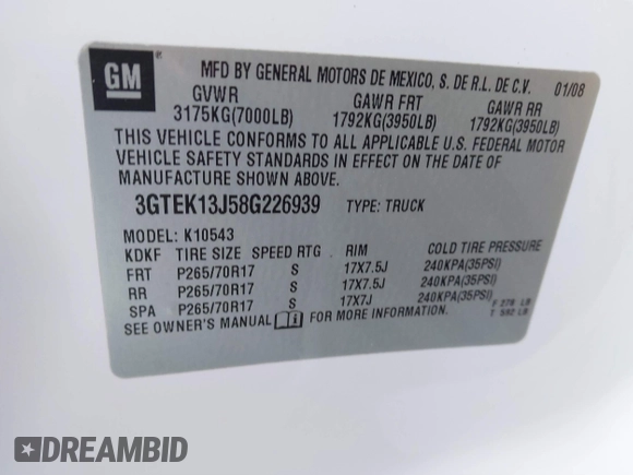 2008 GMC Sierra 1500 SLE1 z VIN 3GTEK13J58G226939, wystawiony jako IAAI lot #41340422 z przebiegiem 203 921 mil mil oraz . Historia ofert i sprzedaży dostępna na DreamBid. Obrazek 9.