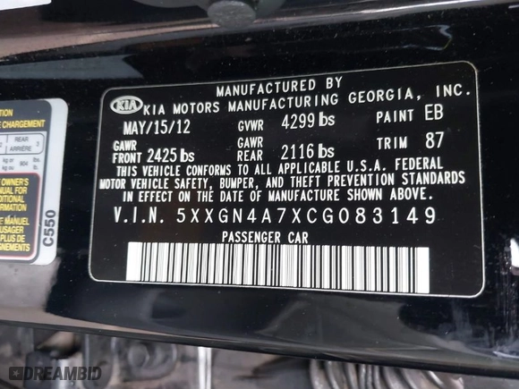 2012 Kia Optima EX with VIN 5XXGN4A7XCG083149, listed as a IAAI auction lot 41643843 with 131,726 mi miles. Bid and sale history available at carsss.com. Image 9.
