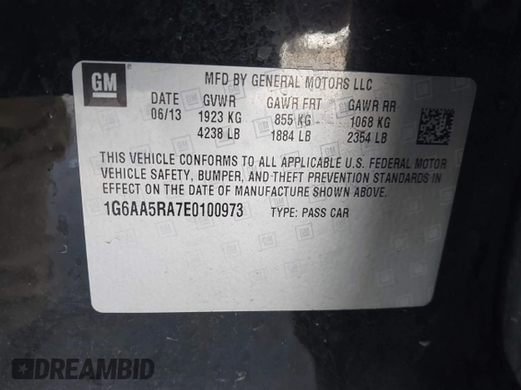 2014 Cadillac ATS Standard RWD with VIN 1G6AA5RA7E0100973, listed as a IAAI auction lot 41795657 with 93,807 mi miles and . Bid and sale history available at DreamBid. Image 9.