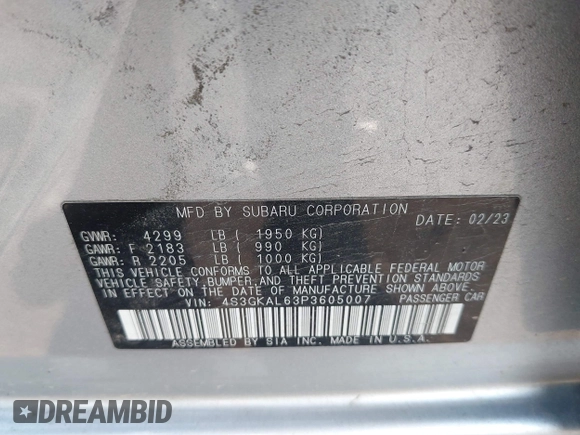 2023 Subaru Impreza Special Sports with VIN 4S3GKAL63P3605007, listed as a IAAI auction lot 42491597 with 19,229 mi miles and . Bid and sale history available at DreamBid. Image 9.