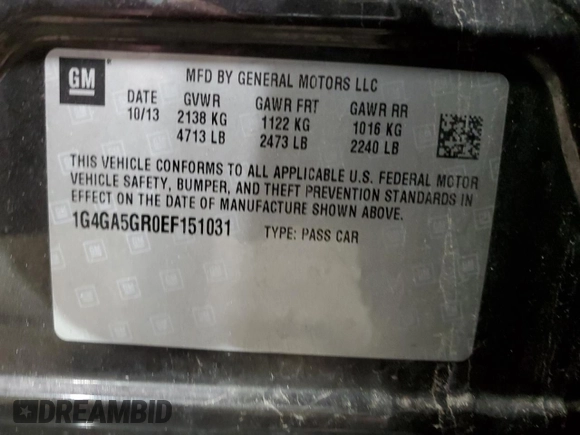2014 Buick LaCrosse with VIN 1G4GA5GR0EF151031, listed as a Copart auction lot 56227135 with 119,012 mi miles and Salvage title. Bid and sale history available at DreamBid. Image 12.