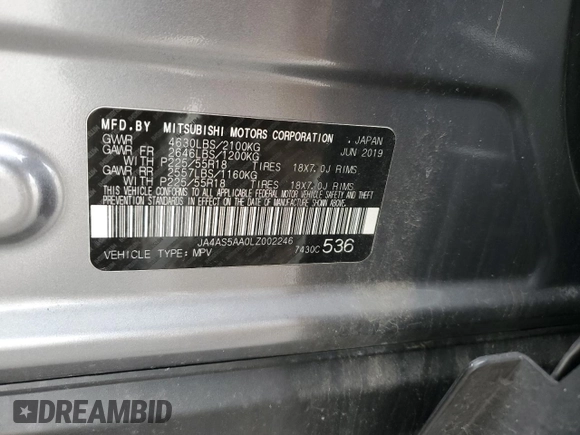 2020 Mitsubishi Eclipse Cross SE with VIN JA4AS5AA0LZ002246, listed as a Copart auction lot 46155105 with 62,981 mi miles and Salvage title. Bid and sale history available at DreamBid. Image 13.