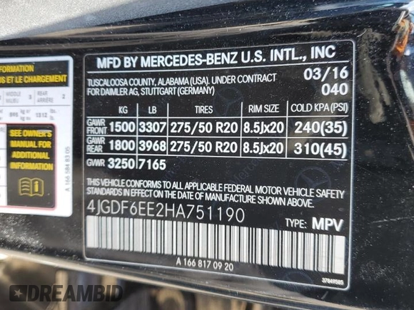 2017 Mercedes-Benz GLS with VIN 4JGDF6EE2HA751190, listed as a Copart auction lot 50566425 with 106,702 mi miles and Salvage Title. Bid and sale history available at carsss.com. Image 13.