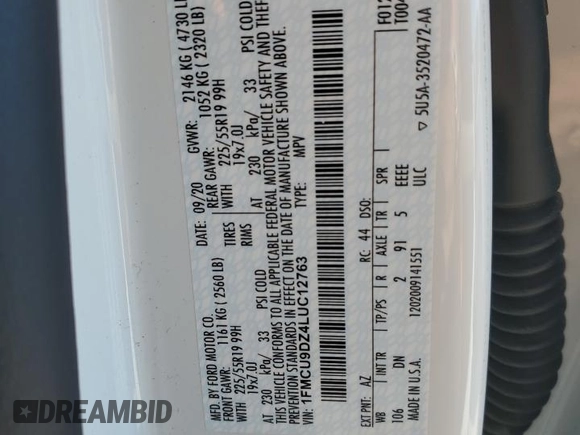 2020 Ford Escape Titanium Hybrid z VIN 1FMCU9DZ4LUC12763, wystawiony jako Copart lot #56589615 z przebiegiem Nie podano mil oraz Szkoda całkowita • Salvage title. Historia ofert i sprzedaży dostępna na DreamBid. Obrazek 13.