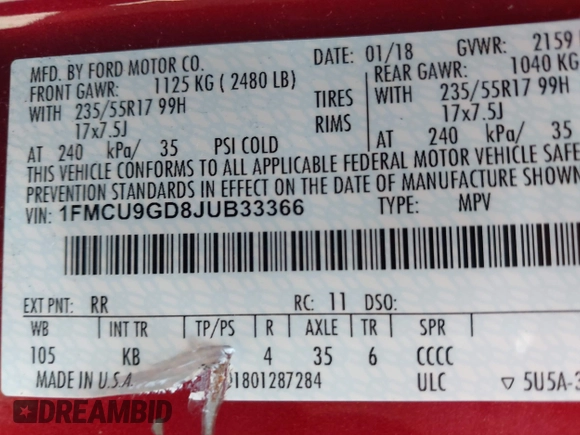 2018 Ford Escape SE z VIN 1FMCU9GD8JUB33366, wystawiony jako IAAI lot #42264706 z przebiegiem 48 478 mil mil oraz . Historia ofert i sprzedaży dostępna na DreamBid. Obrazek 9.