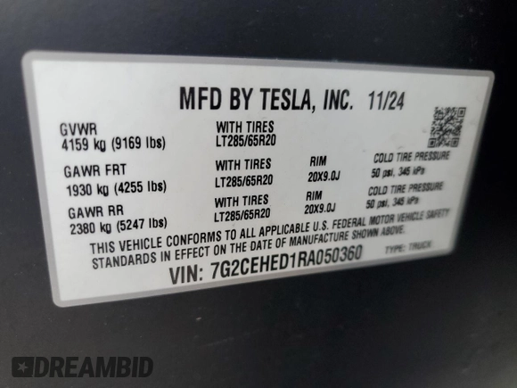 2024 Tesla Cybertruck z VIN 7G2CEHED1RA050360, wystawiony jako Copart lot #50245885 z przebiegiem Nie podano mil oraz Szkoda całkowita • Salvage title. Historia ofert i sprzedaży dostępna na DreamBid. Obrazek 15.