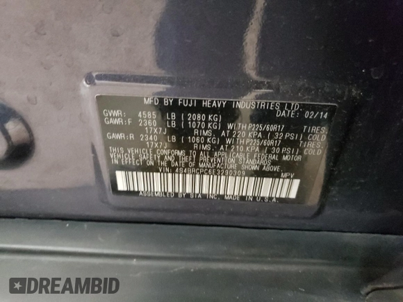 2014 Subaru Outback 2.5i Limited with VIN 4S4BRCPC6E3290309, listed as a Copart auction lot 62225284 with 135,599 mi miles and Salvage Title. Bid and sale history available at carsss.com. Image 13.