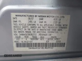 2008 Nissan Maxima 3.5 SL with VIN 1N4BA41E58C802552, listed as a IAAI auction lot 41592779 with 125,519 mi miles. Bid and sale history available at carsss.com. Image 9.