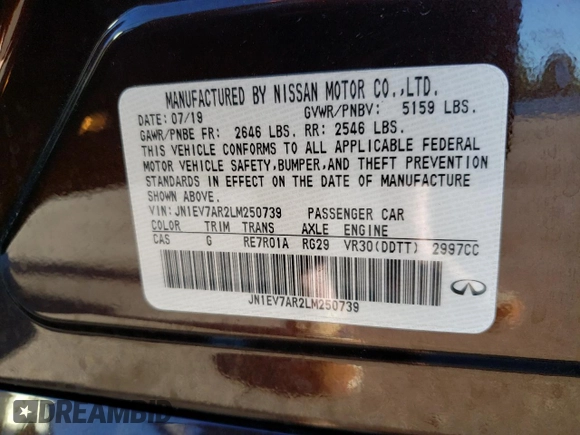 2020 Infiniti Q50 Luxe z VIN JN1EV7AR2LM250739, wystawiony jako Copart lot #66489913 z przebiegiem 50 254 mil mil oraz Szkoda całkowita • Salvage title. Historia ofert i sprzedaży dostępna na DreamBid. Obrazek 12.