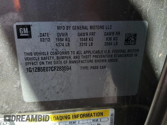 2012 Chevrolet Malibu 1LS with VIN 1G1ZB5E07CF283594, listed as a Copart auction lot 52205475 with 103,837 mi miles and Clean Title. Bid and sale history available at DreamBid. Image 12.