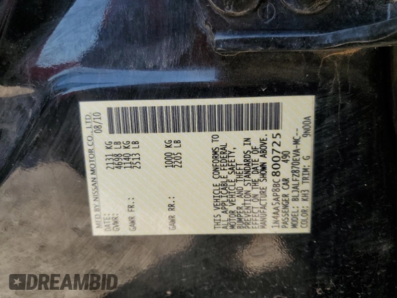 2011 Nissan Maxima SV with VIN 1N4AA5AP8BC800725, listed as a Copart auction lot 52021755 with Not Provided miles and Salvage Title. Bid and sale history available at DreamBid. Image 15.
