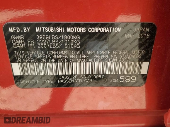 2016 Mitsubishi Lancer ES with VIN JA32U2FU6GU010987, listed as a Copart auction lot 54056945 with 97,439 mi miles and Salvage Title. Bid and sale history available at carsss.com. Image 12.