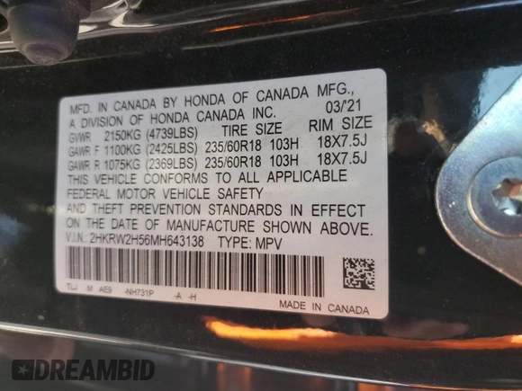 2021 Honda CR-V EX with VIN 2HKRW2H56MH643138, listed as a Copart auction lot 47658565 with 0 mi miles and Salvage Title. Bid and sale history available at carsss.com. Image 13.