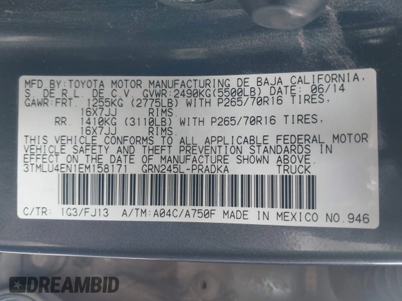 2014 Toyota Tacoma with VIN 3TMLU4EN1EM158171, listed as a IAAI auction lot 41980335 with 193,444 mi miles. Bid and sale history available at carsss.com. Image 9.