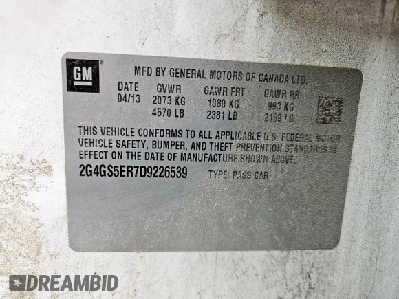 2013 Buick Regal Premium 1 with VIN 2G4GS5ER7D9226539, listed as a Copart auction lot 55990575 with 133,553 mi miles and Clean Title. Bid and sale history available at DreamBid. Image 12.