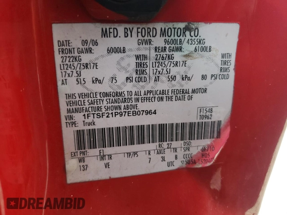 2007 Ford F-250 XL with VIN 1FTSF21P97EB07964, listed as a Copart auction lot 40119684 with 215,318 mi miles and Salvage Title. Bid and sale history available at DreamBid. Image 12.
