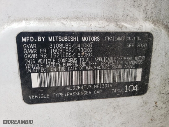 2020 Mitsubishi Mirage G4 SE with VIN ML32F4FJ7LHF13319, listed as a Copart auction lot 84950494 with 50,040 mi miles and Salvage Title. Bid and sale history available at carsss.com. Image 13.