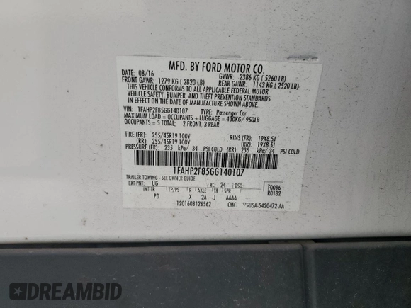2016 Ford Taurus Limited with VIN 1FAHP2F85GG140107, listed as a Copart auction lot 66093895 with 72,614 mi miles and Salvage title. Bid and sale history available at DreamBid. Image 13.