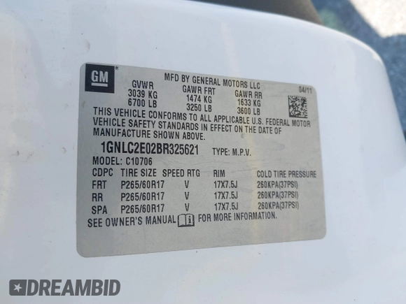 2011 Chevrolet Tahoe Commercial with VIN 1GNLC2E02BR325621, listed as a IAAI auction lot 41866389 with 167,693 mi miles and . Bid and sale history available at DreamBid. Image 9.