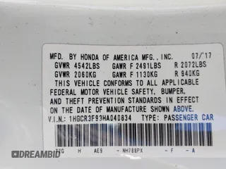 2017 Honda Accord Touring with VIN 1HGCR3F93HA040834, listed as a IAAI auction lot 41979952 with 79,686 mi miles and . Bid and sale history available at DreamBid. Image 9.