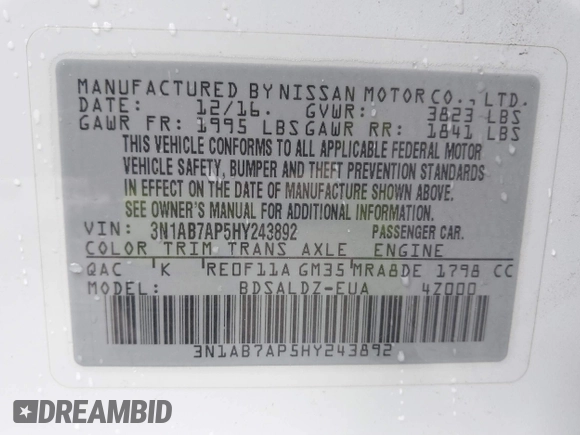2017 Nissan Sentra SV with VIN 3N1AB7AP5HY243892, listed as a IAAI auction lot 41793556 with 78,572 mi miles and . Bid and sale history available at DreamBid. Image 9.