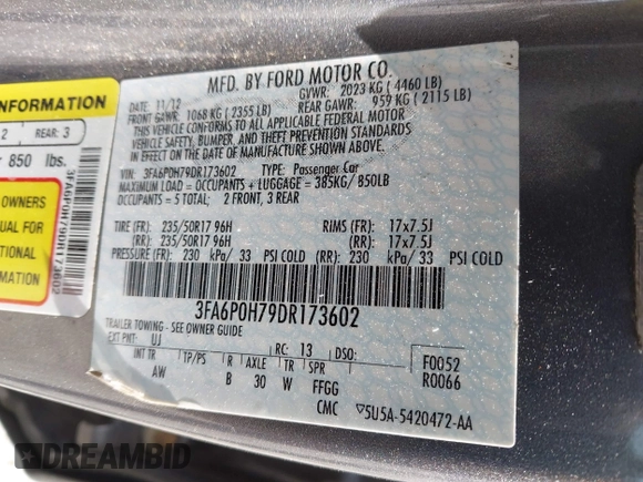 2013 Ford Fusion SE с VIN 3FA6P0H79DR173602, выставлен на аукционе IAAI как лот 42123850 с пробегом 111 189 миль миль и . История ставок и продаж доступна на DreamBid. Изображение 9.