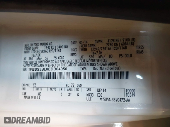 2014 Ford Econoline Passenger XL с VIN 1FBSS3BL8EDB04056, выставлен на аукционе IAAI как лот 42081622 с пробегом 221 749 миль миль и . История ставок и продаж доступна на DreamBid. Изображение 9.