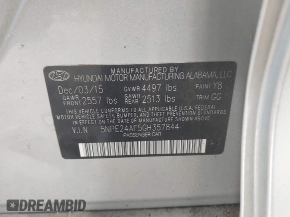 2016 Hyundai Sonata SE with VIN 5NPE24AF5GH357844, listed as a IAAI auction lot 42217108 with 138,227 mi miles and . Bid and sale history available at carsss.com. Image 9.