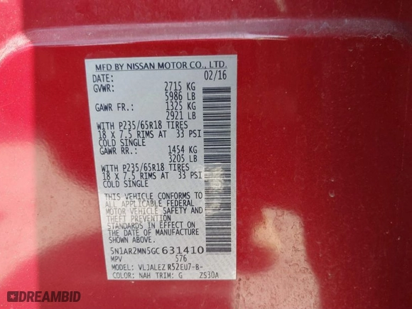 2016 Nissan Pathfinder S with VIN 5N1AR2MN5GC631410, listed as a IAAI auction lot 41851832 with 198,670 mi miles. Bid and sale history available at carsss.com. Image 9.