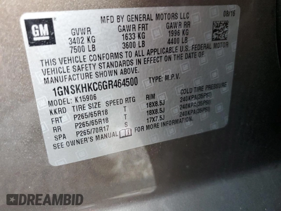2016 Chevrolet Suburban LT with VIN 1GNSKHKC6GR464500, listed as a Copart auction lot 50807115 with 55,526 mi miles and Salvage Title. Bid and sale history available at carsss.com. Image 12.