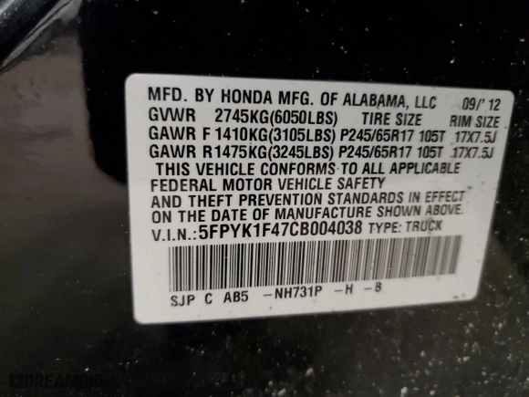 2012 Honda Ridgeline RTS with VIN 5FPYK1F47CB004038, listed as a Copart auction lot 88176025 with 0 mi miles and Salvage Title. Bid and sale history available at carsss.com. Image 12.