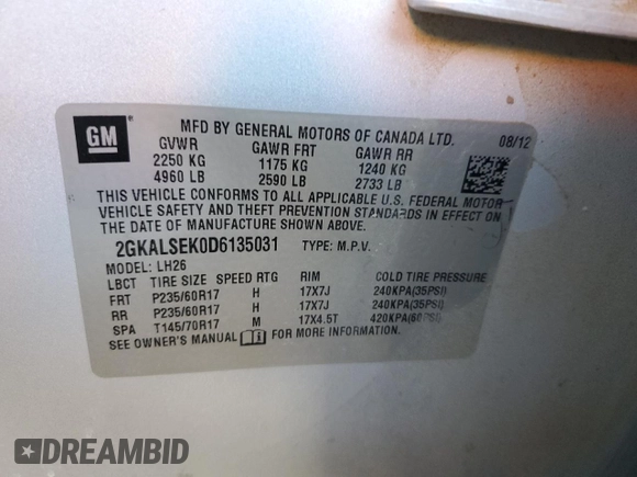 2013 GMC Terrain SLE с VIN 2GKALSEK0D6135031, выставлен на аукционе Copart как лот 50092645 с пробегом 128 784 миль миль и Списание • Salvage title. История ставок и продаж доступна на DreamBid. Изображение 14.