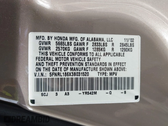 2003 Honda Odyssey EX with VIN 5FNRL186X3B031520, listed as a IAAI auction lot 42095955 with 142,566 mi miles and . Bid and sale history available at DreamBid. Image 9.
