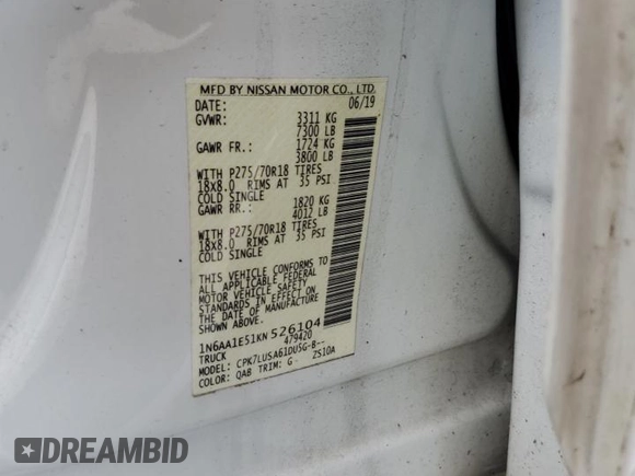 2019 Nissan Titan Pro-4X z VIN 1N6AA1E51KN526104, wystawiony jako Copart lot #51694335 z przebiegiem 56 620 mil mil oraz Szkoda całkowita • Salvage title. Historia ofert i sprzedaży dostępna na DreamBid. Obrazek 14.