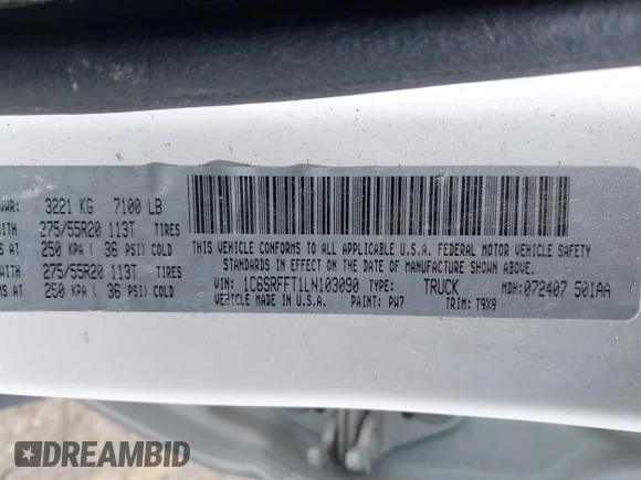 2020 Ram 1500 Big Horn with VIN 1C6SRFFT1LN103090, listed as a IAAI auction lot 41919577 with 70,429 mi miles and . Bid and sale history available at DreamBid. Image 9.